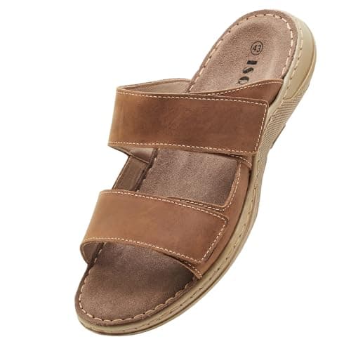 ISQFIQ Wide Fit Mens Sliders Sandals, Real Leather Walking Sandal with Adjustable Strap, Open Toe Indoor Outdoor Mules Shoes for Summer Casual Travel Hiking Beach Trekking Fisherman Light Brown UK 7