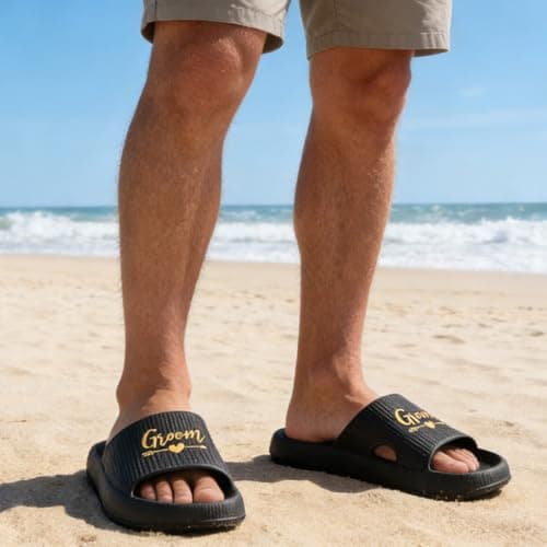 Fabstory Groom Slides for Men Black Groom Sandals for Bachelor Party Wedding Day Gifts, Black, 9.5-10.5 — view 2
