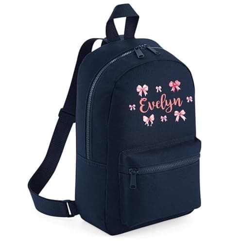 Purple Print House Pink Bows Girls Personalised Mini Backpack Custom Name Back To School Nursery Infant Toddler Holiday Bag, One Size, Black — view 2