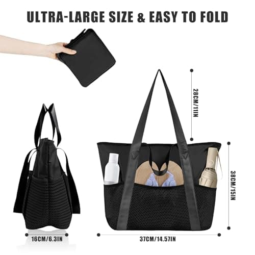 flintronic Large Beach Tote Bag, Waterproof Mesh Beach Bag, Pool Bag with Zip and Pockets for Swimming Pool, Holiday, Travel, Gym, Shopping (Black) — view 3