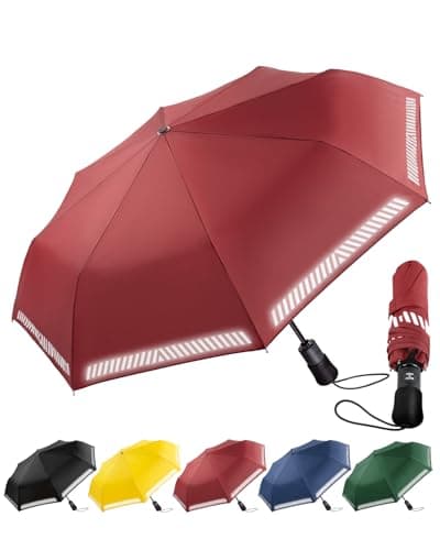Chakipee Umbrella Windproof Strong Compact Travel Red Pocket Automatic Reflective Safety Strip Folding Outdoor for Rain Inverted Umbrellas for Men and Women 8 Ribs Double Canopy Portable