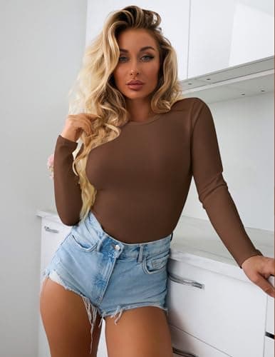 Ekouaer Womens Long Sleeve Tops Thermal Tee Black+Brown+Beige L — view 3