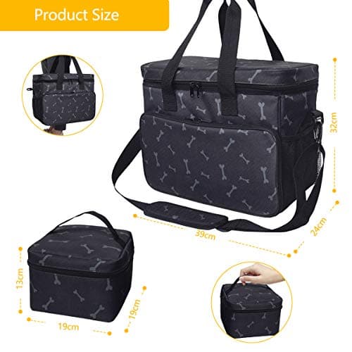 Zwini Dog Travel Bag Washable Storage Supply Tote Thermal Bag with Compartments, Foldable Feeder and Drinker (Black) — view 4