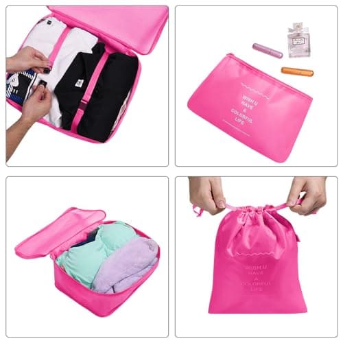 OSDUE Packing Cubes for Suitcases, 6 PCS Travel Luggage Packing Organizers Waterproof Travel Essentials Bag Accessories, Clothes Cosmetics Toiletries Storage Bags, Rose Red — view 3