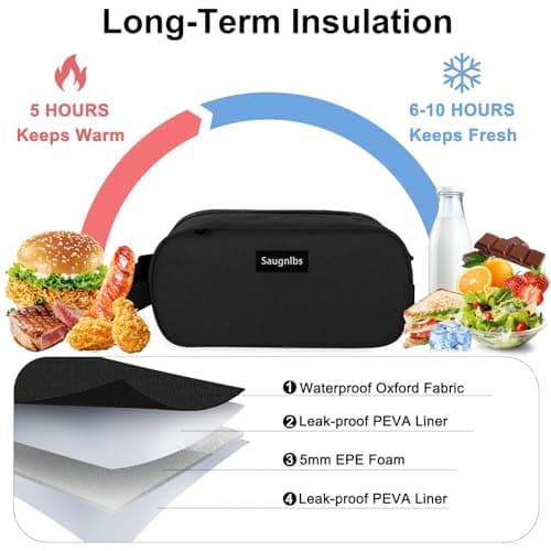 Saugnlbs Small Insulated Bag,Cool Bag Small,Mini Cool Bag,Freezable Lunch with 2 Ice Packs for Work School Travel,Freezable Snack Box for Adults,10“ x 4”x 5”Round,Black — view 2