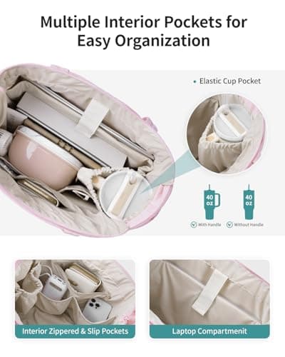 Narwey Tote Bags for Women, Work Laptop Bags with Zip for Women, Ladies Handbags & Shoulder Bags with Makeup Pouch, Puffer Teacher School Hand Bag for College Shopping Travel Gym Beach (Pink) — view 6