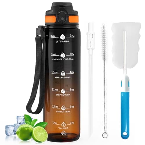 Gylinm 1L Water Bottle Made of BPA-Free Tritan Material, Sports Water Bottle with Removable Straw & Hydration Time Markerings, Ideal for Gym, Travel, Home, School and Outdoor Activities - Black-Orange