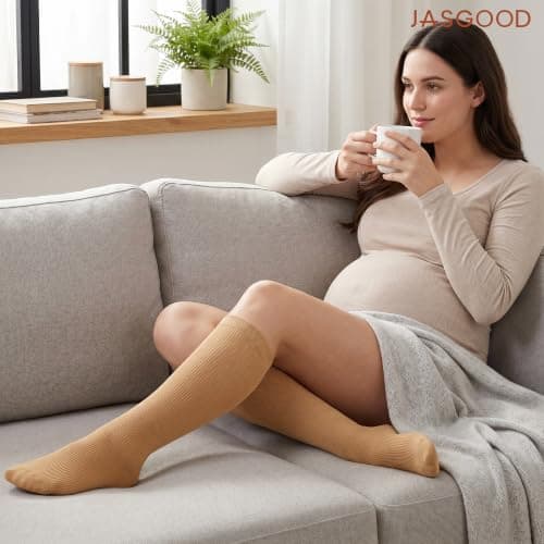 JASGOOD 2 Pairs Compression Socks for Women & Men,15-20 mmHg Knee High Travel Flight Socks for Cycling,Pregnancy,Long Standing,Work,Varicose Veins, Apricot, S/M — view 5