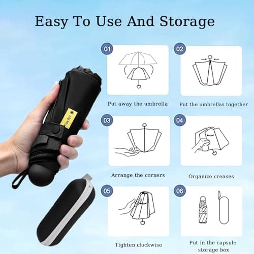 Shunshi Folding Travel Umbrella, 6 Ribs Folding Sun Anti-UV Windproof Rain Umbrella,Fast Dry,Portable Pocket Lightweight Small Compact Umbrella with Capsule Case for Men Women Teens (Black) — view 4