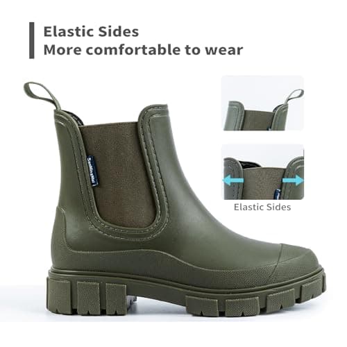 DRECAGE Wellies Boots Women Waterproof Short Chelsea Fashion Ladies Comfortable Rain Boots Outdoors Garden Walking Green 6 UK — view 3