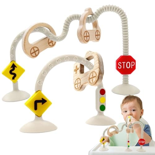 Infant Relief Sensory Toys for Babies 6 7 8 9 12 Months, Suction Cup High Chair Toys for Toddlers, Silicone Travel with Car Wooden Ring for Traffic Cognition Enlightenment Gifts