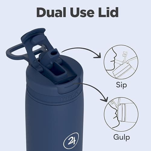 Fuel24 Duo - Stainless Steel Water Bottle 700ml or 1L - Vacuum Insulated Metal Flask with Straw (Dual use Lid) 1 Litre - for Sports, Gym, Work – Slim Design (Midnight, 1000 ml) — view 2