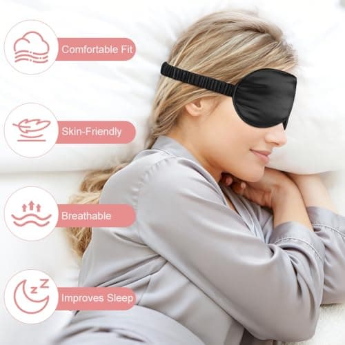 HOTUT Sleep Mask, 2 Pack Silk Sleep Mask for Side Sleepers, Ultra Soft & Comfortable Silk Eye Sleep Shade Cover, Light-Blackout Design & Zero Pressure, Travel Eye Covers for Men, Women (Black, Pink) — view 6