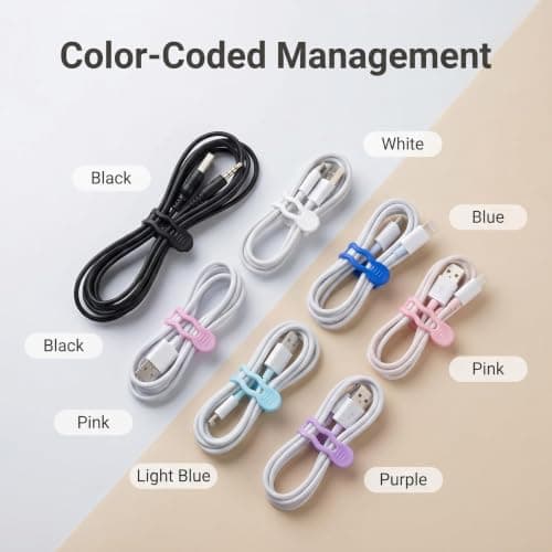 Reusable Cable Ties, 12 Pcs Silicone Cable Ties Elastic with Secure Buckle, Washable 6 Colors Adjustable Lightweight Portable Cord Organizer for Earphone Phone Charger Computer Data Cable Management — view 4