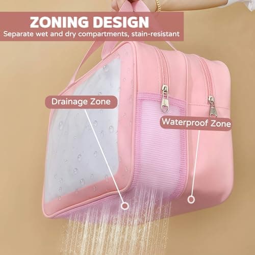 Large Clear Wash Bag, Dry Wet Segregation Toiletry Bag with Hollow Mesh Portable Makeup Bag PVC Waterproof Cosmetic Bag Travel Toiletries Bags for Women Men (Large-Pink) — view 2