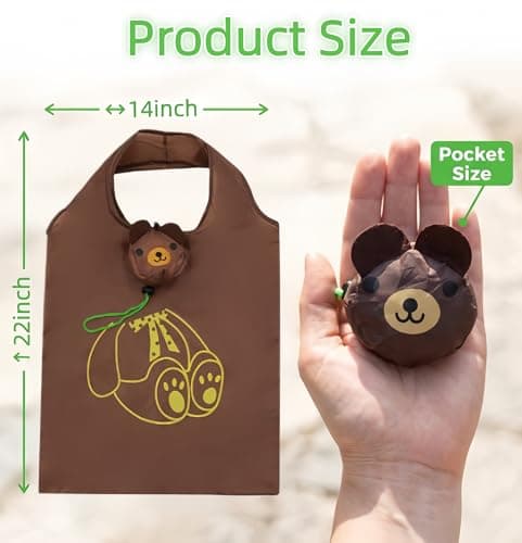 LUVDECO 4 Pack Foldable Reusable Shopping Bags with Cute Fruit & Animal Patterns, Large Waterproof Tote that Folds into Pouch for Grocery, Beach, Travel (Animal) — view 4
