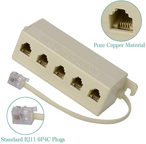 SHONCO Phone Line Adapter, Five-way Telephone Splitter,RJ11 6P4C Male-to-female 5-socket Port Telephone Line Cable Splitter and One In-line Coupler Connector,Beige — view 2