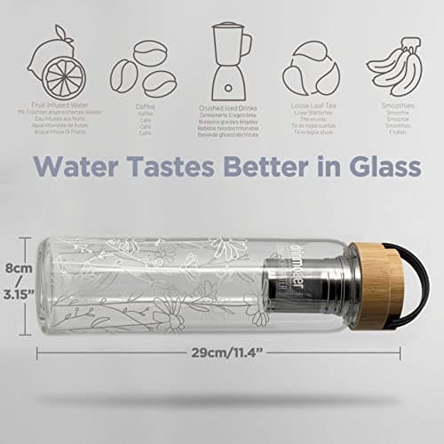 drinmoaer 1L Borosilicate Glass Water Bottle with Bamboo Lid and 2 Tea Infuser Sets for Fruit Infused Water and Cold Brew Coffee - Glass Travel Tumbler with Strainer for Loose Leaf Tea (Flower) — view 3