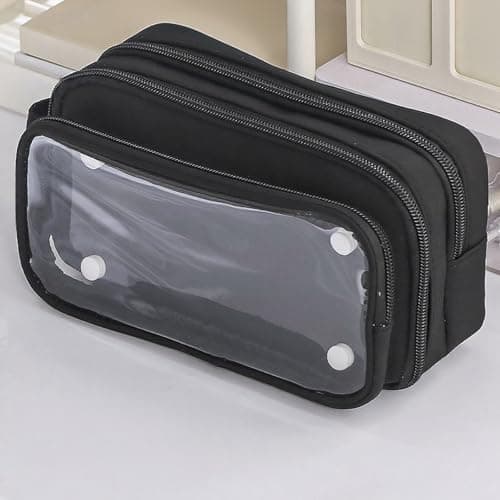 Pencil Case with 3 Compartments, Large Capacity School Pencil Case Stationery Organizer Pouch Waterproof Clear Makeup Bag Aesthetic Pen Bag for Girls Boys Teens Travel Office Supplies (Black) — view 2