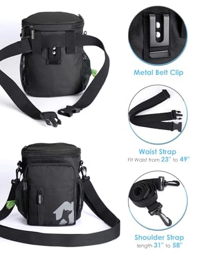 Gobeigo 8 Cup Dog Treat Pouch and Training Clicker, Dog Walking Bag with Phone Holder, Built-in Poop Bag Dispenser, 3 Ways Wearable Pet Fanny Pack for Outdoor Travel(Gray & Black) (Black) — view 6