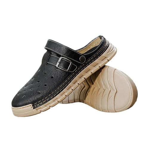Hixingo Men's Sandals Closed Toe Wide Fit Size 7.5-11.5 UK, Leather Sandals for Men Summer Beach Slippers Lightweight Adjustable Strap Non-Slip Sole for Walking, Hiking, Holiday (Black,8.5)