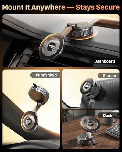 YOSH Vacuum Magnetic Phone Holder, [22×N55 Magnets & 54KG Vacuum] for MagSafe Car Mount, 360° Rotatable Base & Foldable Arm for Dashboard Windscreen, for iPhone 17 16 15 14 13 Samsung Pixel — view 2