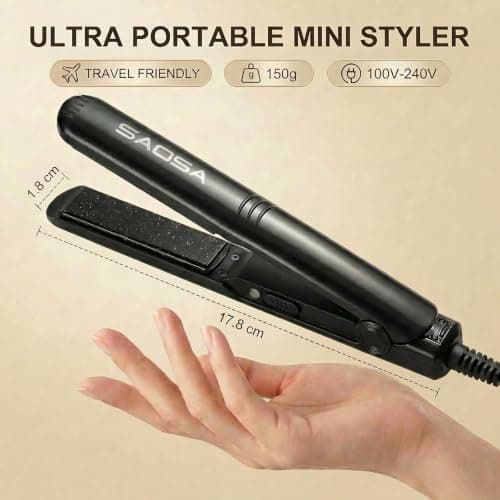 SAOSA Mini Hair Straighteners for Short Hair & Fringe, 1.8cm Ceramic Small Straightener, 2-in-1 Travel Hair Styler, Dual Voltage 100–240V, UK Plug, 210°C Fast Heat-Up, Pouch, Black — view 2