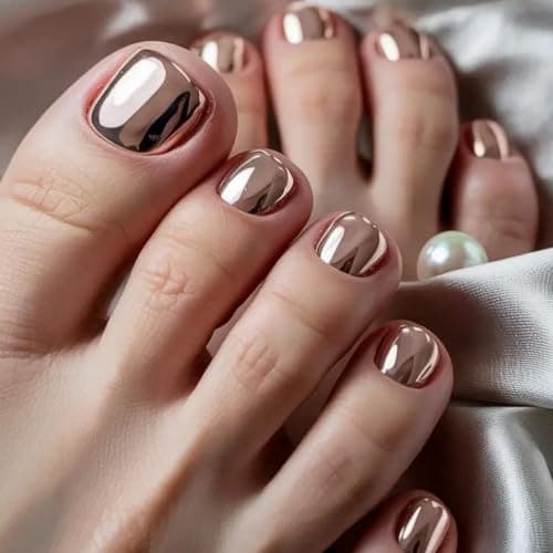 Rose Gold Chrome Press On Toe nails, Short Square Fake Toenails with Glue