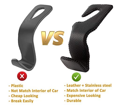 AMVOYOA Headrest Hooks for Car, Back Seat Organizer Black Leather Hanger Holder Hook, for Hanging Purses and Bags and Coats, Pack of 2 — view 5