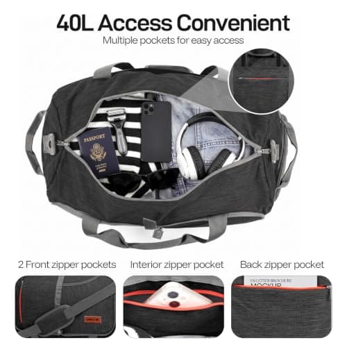 Travel Duffle Bag, 40L Foldable Carry On Luggage with Shoe Compartment, Water-Resistant Gym & Sports Bag for Men & Women, Airline Approved Underseat Cabin Bag for Overnight, Weekend & Camping Black — view 3