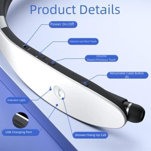 Foldable Neckband Headset with Noise Cancelling for Sports, Retractable Wireless Earbuds Set Made of Lightweight ABS Material in Black — view 6