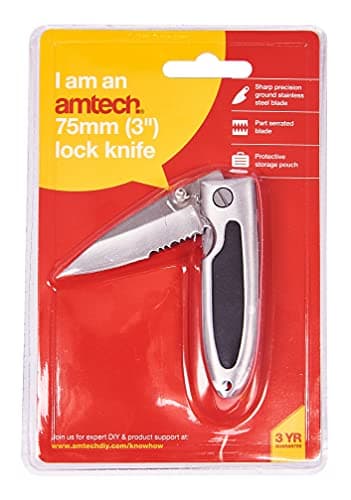 Amtech – 3" Lock Knife, Stainless Steel Part-Serrated Blade, Aluminium Body with Rubber Grip, Belt Clip & Pouch, Everyday Cutting Tasks, 3" — view 2