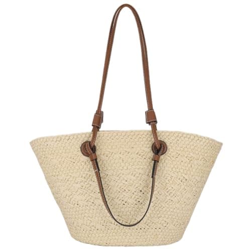 Fiorky Straw Tote Beach Bag Striped Shoulder Handbag Women Woven Tote Bag Fashion Shoulder Bag Large Capacity Summer Beach Bags Trendy Braided Bag Stylish Weaving Bag for Shopping Picnic
