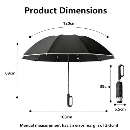 Sumlly Compact Inverted Umbrella with Carabiner Handle, 10 Ribs (Black) — view 2