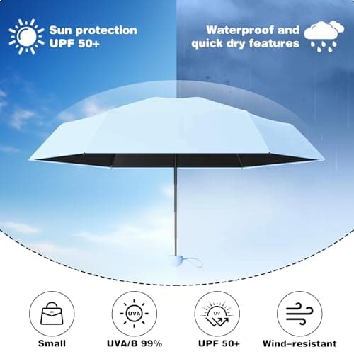 Detontek Mini Folding Travel Umbrella, Mini Travel Umbrella, Pocket Umbrella, Dual Purpose, Compact And Portable, With Storage Box (Sky Blue) — view 3