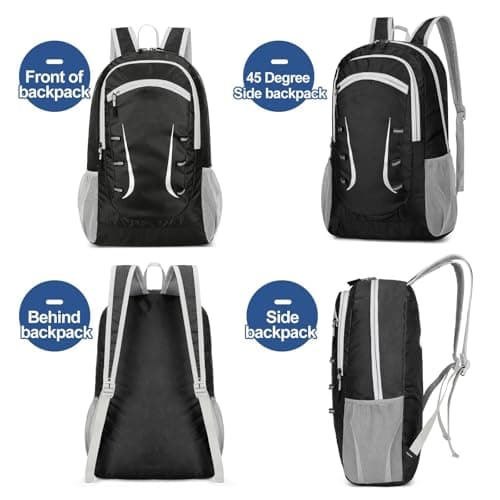 Alitifiy Lightweight Foldable Backpacks, 30L Packable Waterproof Small Hiking Bags & Packs Knapsack Daypack Handy for Men Women Ladies Kids Travel Camping Outdoor Rucksack Bag Pack (Black Grey) — view 5