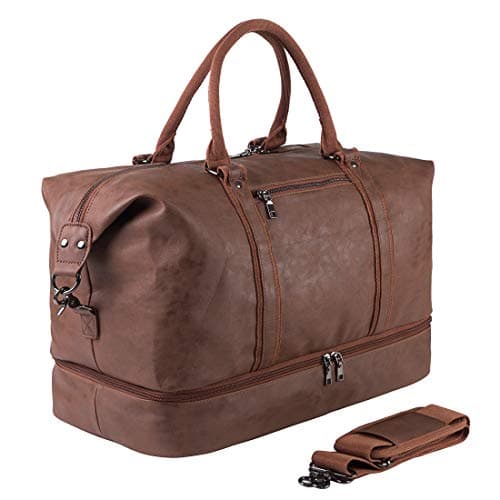 Travel Bag with Shoe Pouch,Weekender Overnight Bag Waterproof PU Leather Large Carry On Bag Travel Tote Duffel Bag for Men or Women,Brown