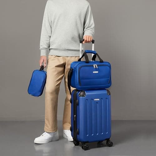 Amazon Basics Hardside Carry-On Spinner Luggage Set, 3-Piece, Carry-On Suitcase, Tote Bag, Compact Travel Bag, Expandable, 4 Spinner Wheels, Navy Blue — view 5