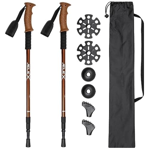 JELEX Nature Telescopic Walking Poles for Nordic Walking Adjustable, Includes Various Attachments for Outdoor Activities, Ultralight Hiking Poles with Antishock Technology (Brown Premium)