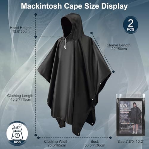 Czyan 2 Pack Rain Ponchos for Adults Reusable,Thickened Portable EVA Waterproof Raincoats Survival Emergency Lightweight Duty Rain Coat with Drawstring Hood for Hiking Camping Fishing & Travel - Black — view 6