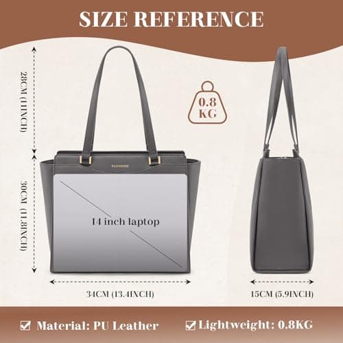 RAINSMORE Handbag for Women Large Laptop Tote Bag 14 Inch Waterproof PU Leather School Ladies Handbag with Zipper Pocket Work Shoulder Bags for Shopping Office Travel Business — view 3