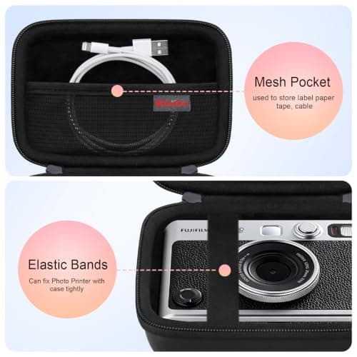 Camera Carrying Case Compatible with Fujifilm Instax Mini EVO Instant Camera, Camera Lens cover Photo Printer Travel Protective Storage Holder, Extra Mesh Pocket Fits Film Charger SD Card,Black — view 3