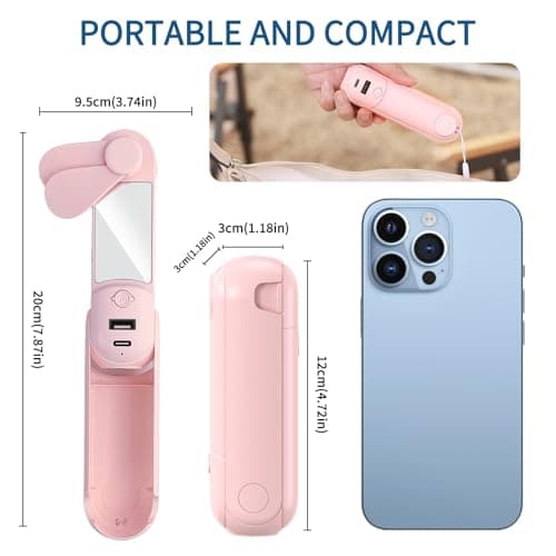 CNMTCCO Handheld Fan,5 In 1 Mini Portable Fan USB Rechargeable [13-20Working Hours]with Hanging Rope,Powerbank,Flashlight,Mirror and Mobile Phone Holder for Travel,Summer,Outdoor,Gifts for Women(Pink) — view 4