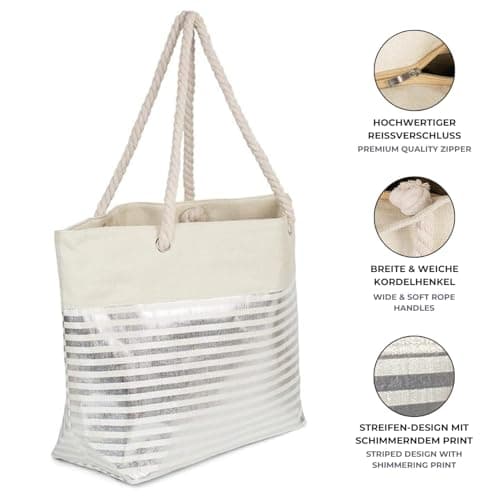 styleBREAKER Womens XXL Metallic Striped Beach Bag,Beige-Silver — view 3