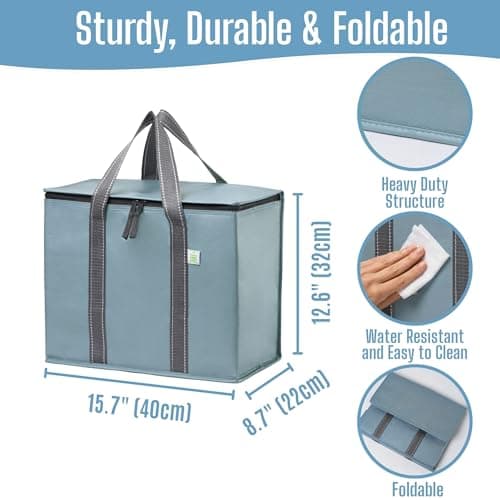 VENO 2 Pack Cooler Bag and Insulated Grocery Bags for Food Delivery, Collapsible Cooler. Reusable Shopping Bags for Groceries with Hard Bottom, Zippered, Foldable, Heavy-Duty (Light Blue, 2 Pack) — view 5