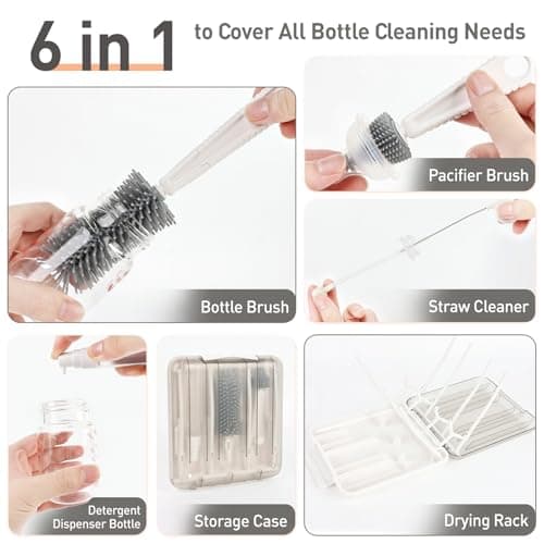 Baby Bottle Brush Set, 6-in-1 Travel Bottle Cleaning Kit with Silicone Bottle Brush, Nipple & Straw Brush, Soap Dispenser, Drying Rack & Storage Box – Compact Baby Essential for Home & On-The-Go — view 3