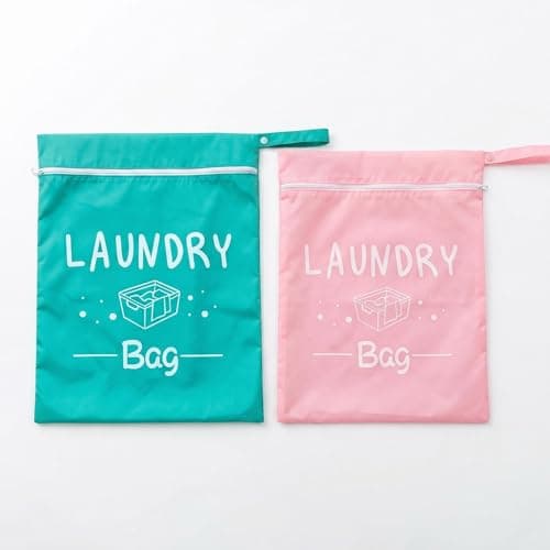Laundry Bags & Laundry Bag, 2 Pack Travel Laundry Bag 38x49cm Reusable with Handle, Portable Laundry Bags for Travelling, Gym, Camping, Water-Resistant & Durable - Green & Pink