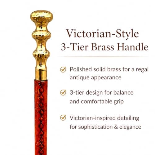 Wooden Walking Stick with Classic Brass Handle - Antique Folding Walking Stick for Men and Women - Victorian Style - Engraved Wooden Walking Stick — view 2