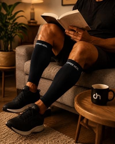 COPPER HEAL Calf Copper Compression Sleeves (Pair) Sport Muscle Strains Shin Splints Leg Socks Guard Running Marathon Soccer Rugby Tennis Golf Maternity Flight Gym Work — view 5