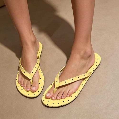 Jhebeks Yellow Women's Flip Flops Polka Dot Casual Summer Bathroom Outdoor Travel Beach Sandals Non-Slip Breathable Flat Ladies Slippers Soft Sole Lightweight Comfortable Shoes for Shower Size 6.5 — view 2